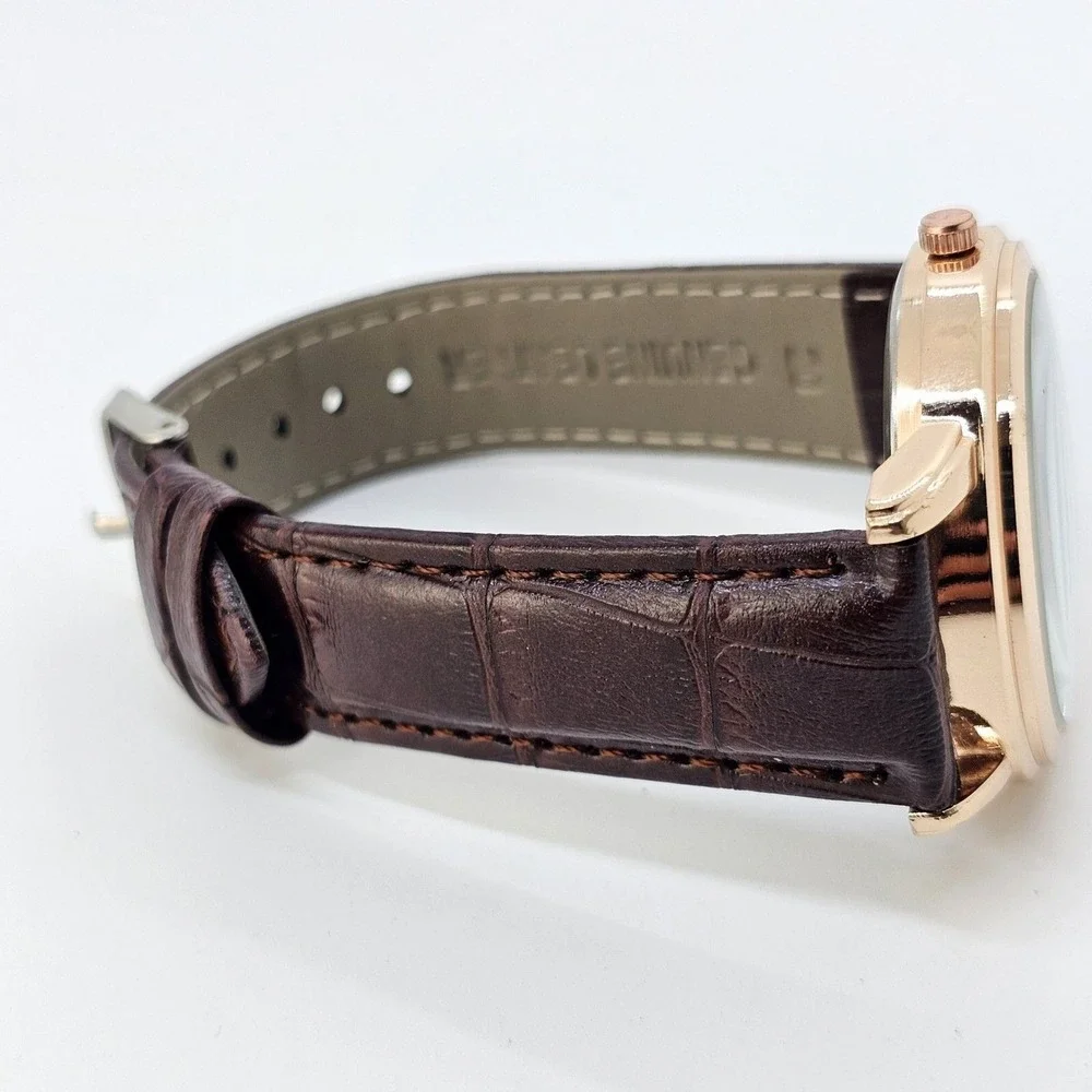 Men's‎ Watch 40MM White Gold Case Dial Brown Leather Bands New Battery